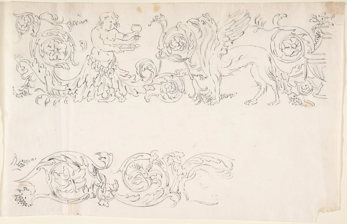 Designs for Decorative Borders with Floral Ornamentation and a Putto and Griffin by anonymous, drawing, 1650-1750