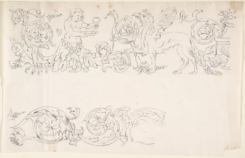 Designs for Decorative Borders with Floral Ornamentation and a Putto and Griffin by anonymous, drawing, 1650-1750