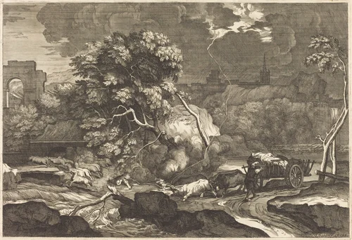 Landscape with a Frightened Waggoner by Sébastien Bourdon, print, 1616-1671
