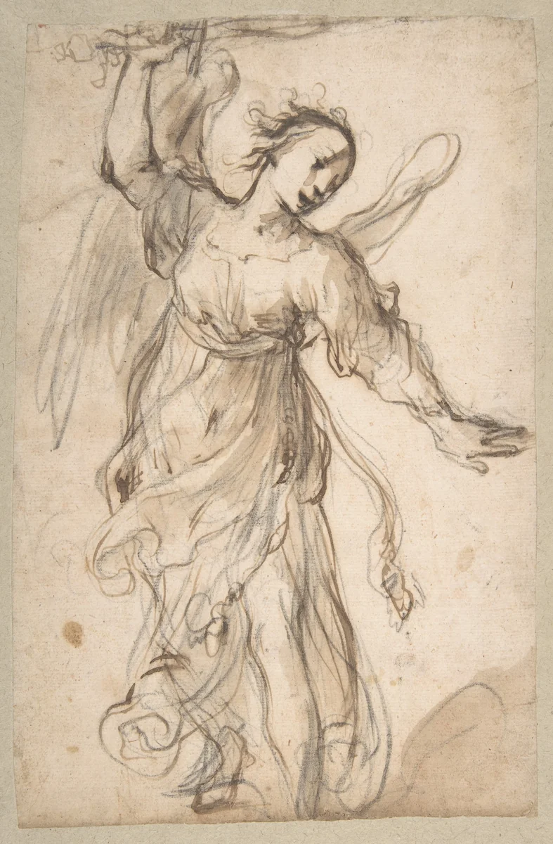 Standing Angel Brandishing a Sword by Ferraù Fenzoni, drawing, 1585-1595