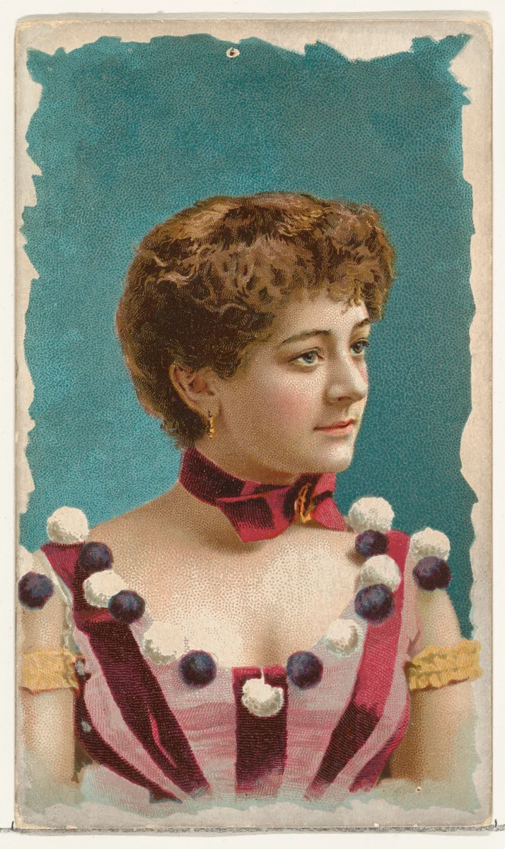 Actress wearing striped bodice decorated with black and white pompoms, from Stars of the Stage, First Series (N129) issued by W. Duke, Sons & Co. to promote Honest Long Cut Tobacco by W. Duke, Sons & Co., print, 1890