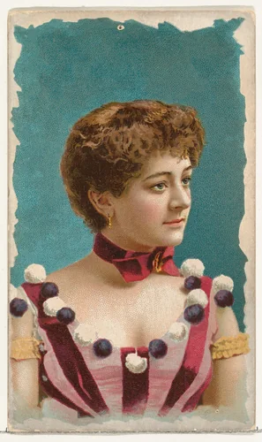 Actress wearing striped bodice decorated with black and white pompoms, from Stars of the Stage, First Series (N129) issued by W. Duke, Sons & Co. to promote Honest Long Cut Tobacco by W. Duke, Sons & Co., print, 1890