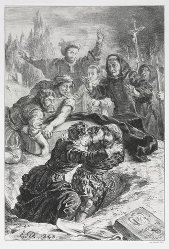 Hamlet: Hamlet and Laertes in the Grave of Ophelia by Eugène Delacroix, print, 1843