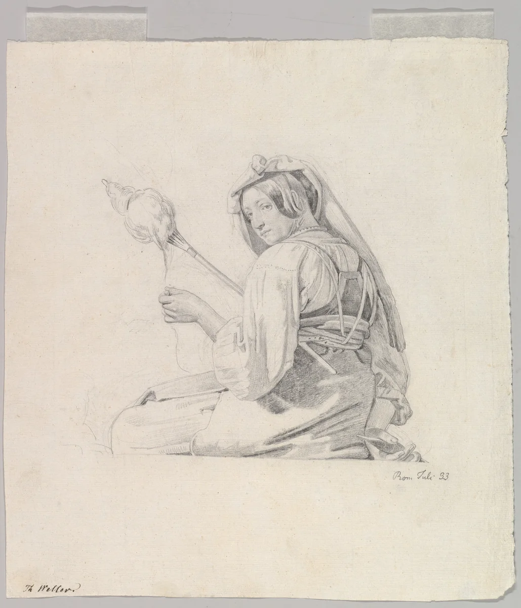 A Seated Woman in Roman Dress, Spinning by Theodor Leopold Weller, drawing, 1822-1880