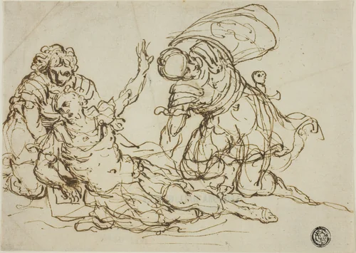 Wounded Warrior and Two Companions by Unknown Artist, drawing, 1600-1699