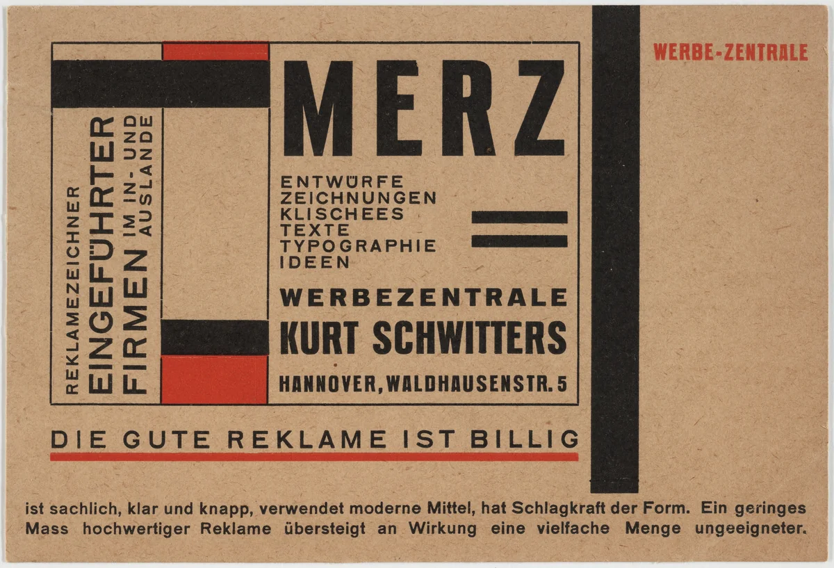 Advertisement for Merz Werbezentrale by Kurt Schwitters, design, 1925