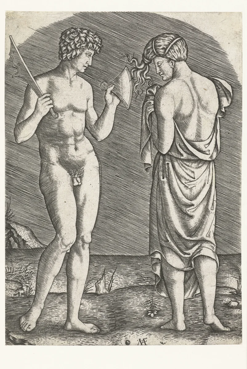 Naakte man toont bijl aan halfnaakte vrouw by Unknown, print, 1510-1527