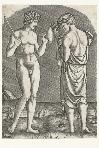 Naakte man toont bijl aan halfnaakte vrouw by Unknown, print, 1510-1527
