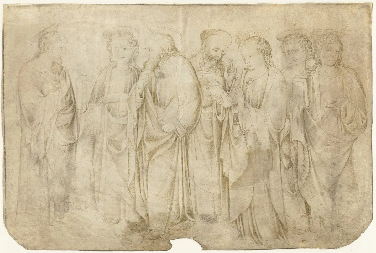 Christus en zes apostelen by anonymous, drawing, 1400-1500