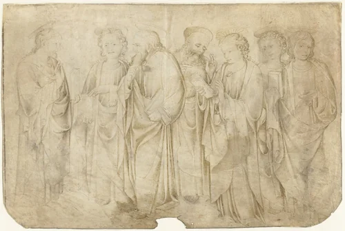 Christus en zes apostelen by anonymous, drawing, 1400-1500