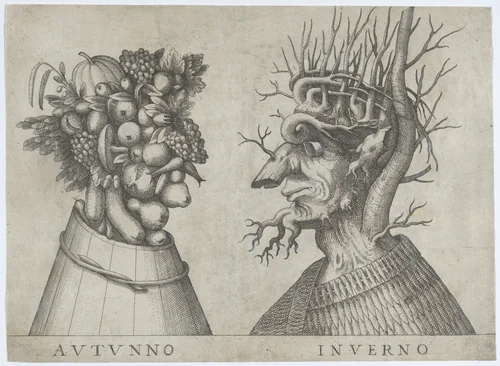 Autumn and Winter: two heads made from flora typical of those seasons by anonymous, print, 1575-1585