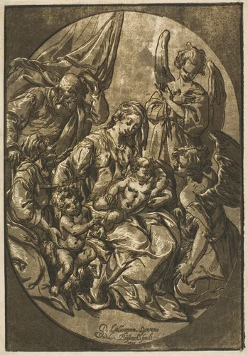 Holy Family in an Oval Frame by Ludolph Büsinck, print, 1623