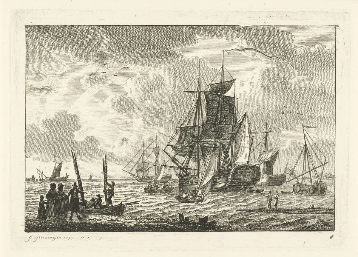 Zeegezicht met diverse schepen by Gerrit Groenewegen, print, 1795