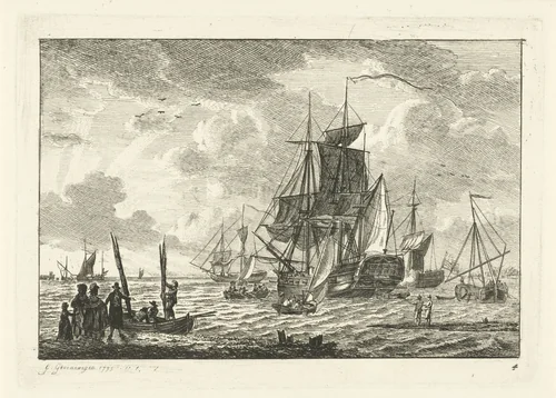 Zeegezicht met diverse schepen by Gerrit Groenewegen, print, 1795