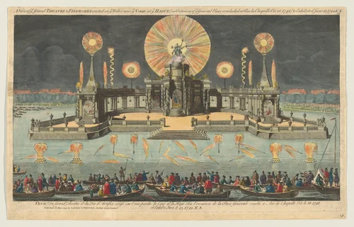 A View of ye Grand Theatre & Fireworks erected on ye Water near ye Court at ye Hague (on Occasion of ye General Peace concluded at Aix la Chapelle. Oct. 18. 1748) & Exhibited June 13, 1749 by Robert Laurie, print, 1794