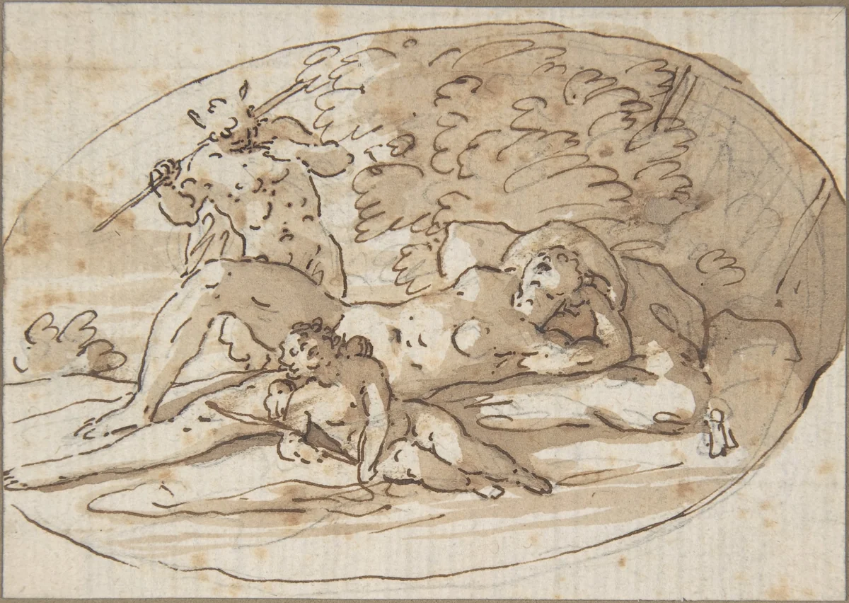 Design for a Vignette with a Nymph Surprised by a Satyr by anonymous, drawing, 1650-1699