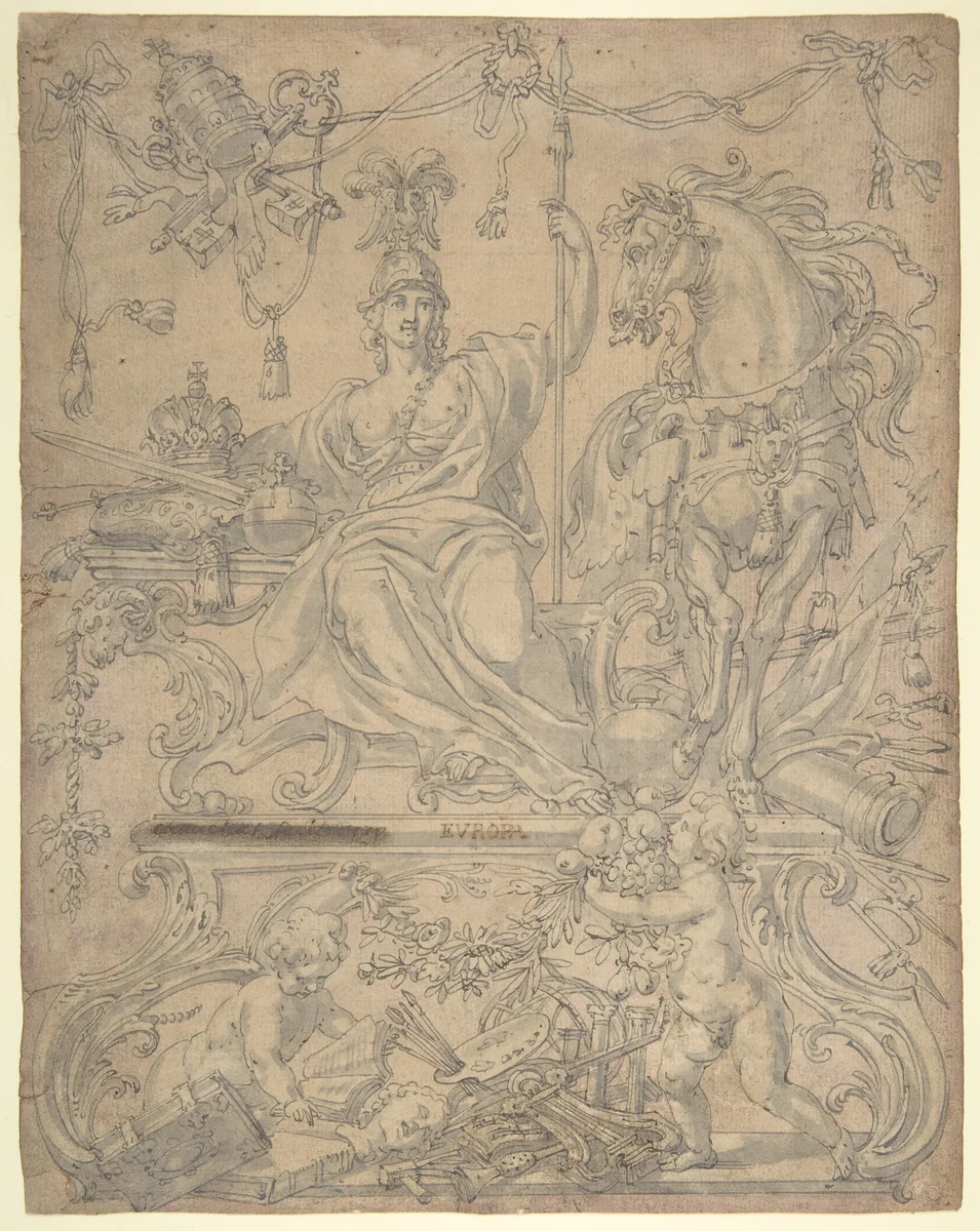Allegory of Europe, from the Four Continents by Godfried Maes, drawing, 1660-1700