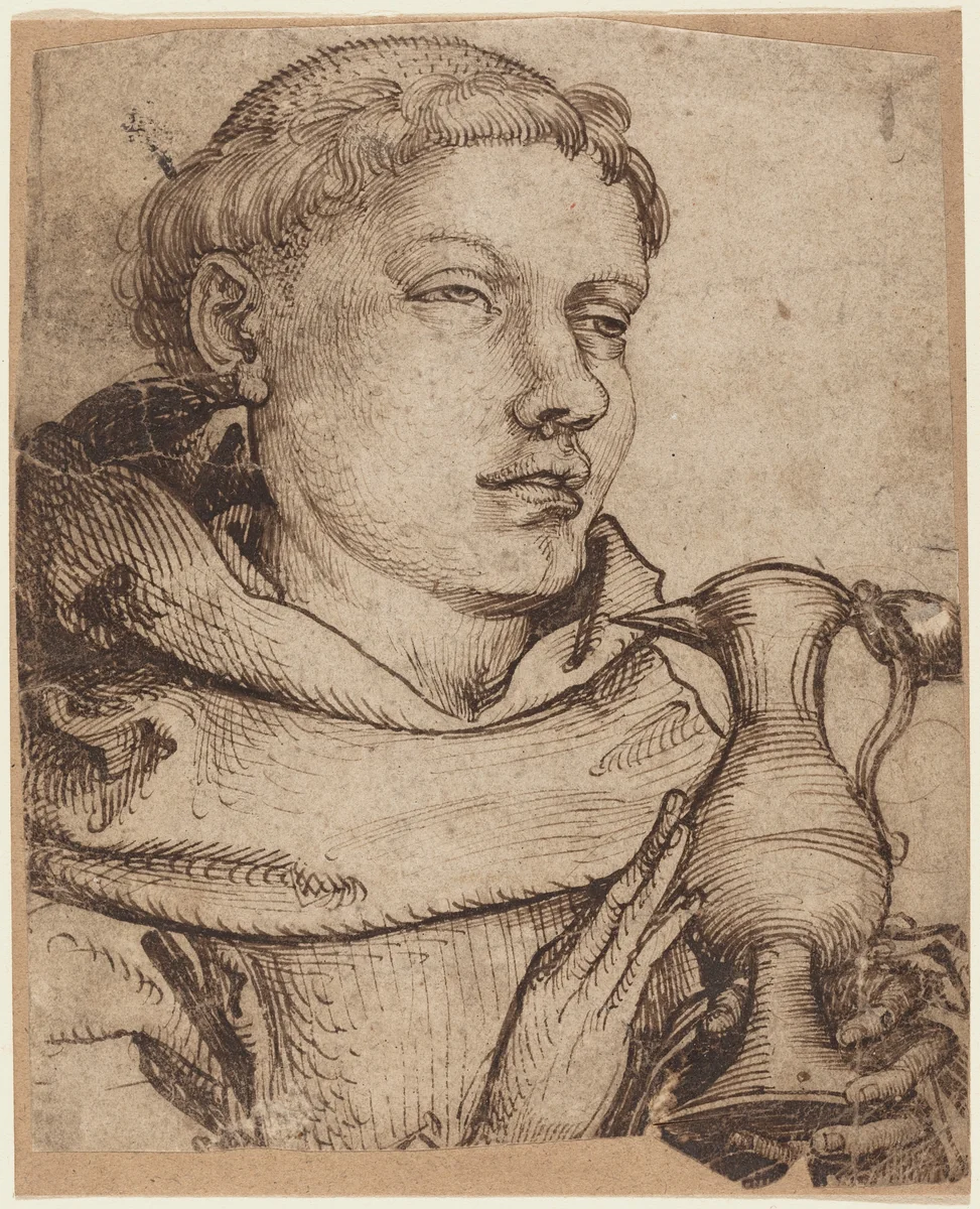 Bust of a Monk Assisting at Communion by Martin Schongauer, drawing, 1450-1491
