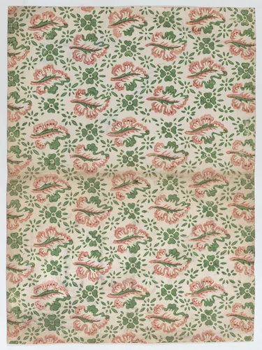 Sheet with overall red and green floral pattern by anonymous, print, 1700-1800