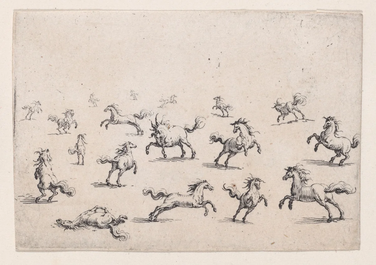 Chevaux Courant en Liberte (Horses Running Freely), from "Les Caprices" Series A, The Florence Set by Jacques Callot, print, 1617