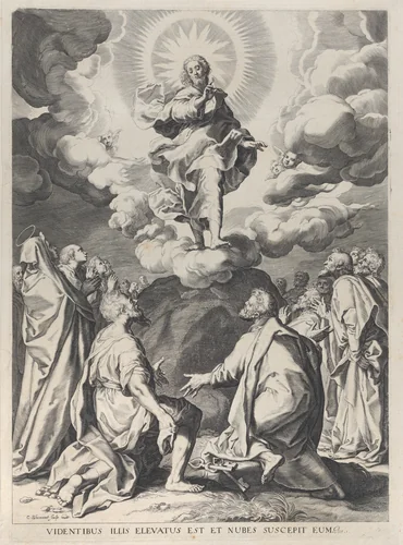 The Ascension, with Christ standing atop a rock at center by Cornelis Bloemaert, print, 1588-1598