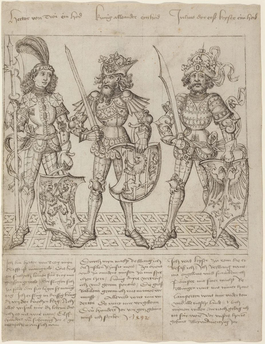 Hector of Troy, Alexander the Great and Julius Caesar by Primary Master of the Strassburg Chronicle, drawing, 1412-1552