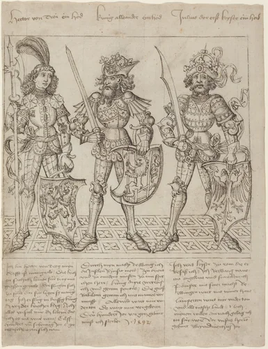 Hector of Troy, Alexander the Great and Julius Caesar by Primary Master of the Strassburg Chronicle, drawing, 1412-1552