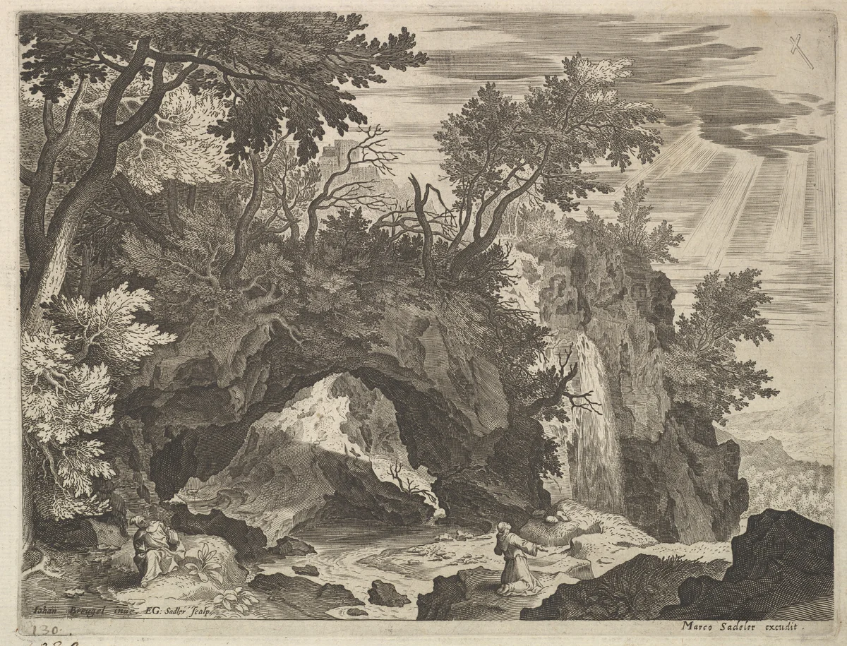 Rocky Landscape with St. Francis by Aegidius Sadeler II, print, 1568-1629