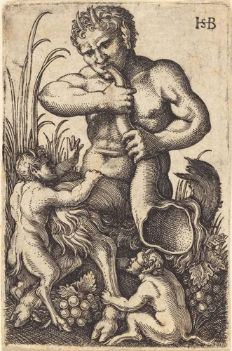 Satyr Sounding a Horn by Sebald Beham, print, 1530-1539