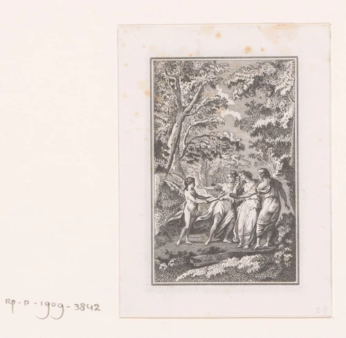 Engel biedt drie vrouwen in het bos een boek aan by Auguste Danse, print, 1839-1874