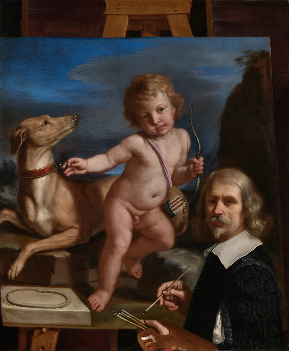 Self-Portrait before a Painting of "Amor Fedele" by Guercino, painting, 1655
