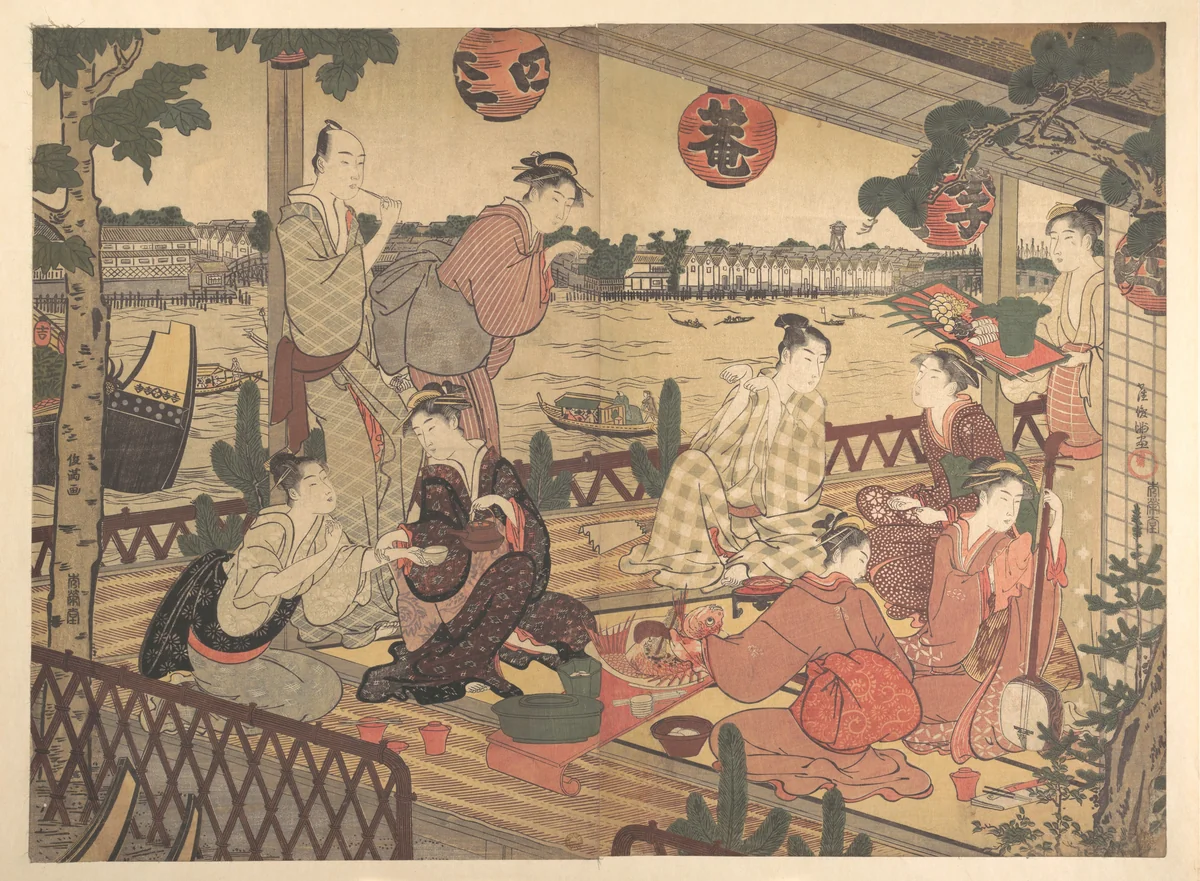 Two Young Men and Several Women Dining at a Tea-house on the Bank of the Sumida River by Kubo Shunman (窪俊満), print, 1778-1798