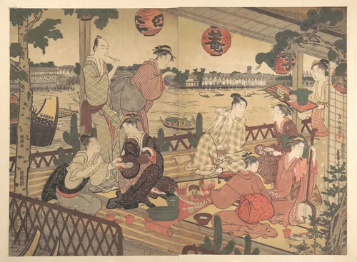 Two Young Men and Several Women Dining at a Tea-house on the Bank of the Sumida River by Kubo Shunman (窪俊満), print, 1778-1798