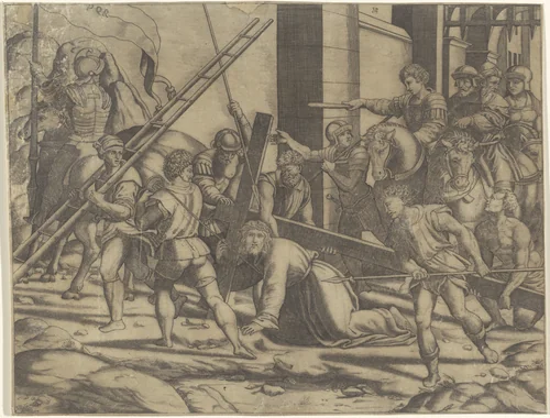 Christus bezwijkt onder het gewicht van het kruis by Unknown, print, 1500-1599