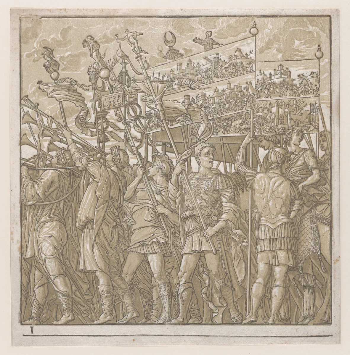 Sheet 1: Soldiers carrying banners depicting Julius Caesar's triumphant military exploits, from "The Triumph of Julius Caesar" by Andrea Andreani, print, 1599