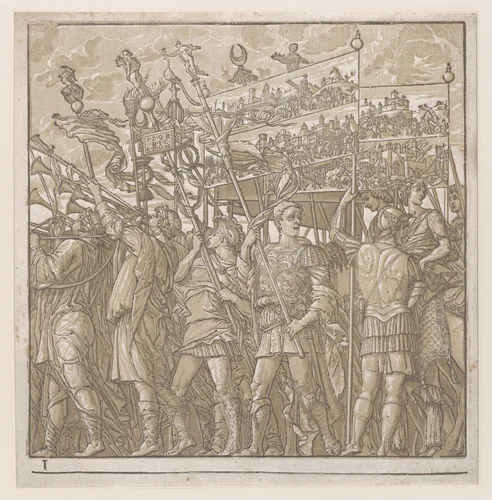 Sheet 1: Soldiers carrying banners depicting Julius Caesar's triumphant military exploits, from "The Triumph of Julius Caesar" by Andrea Andreani, print, 1599
