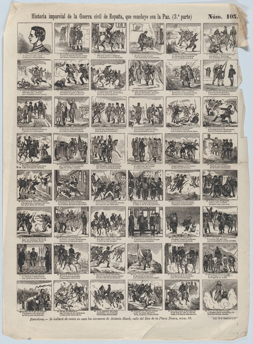 Broadside with 48 scenes telling the 'impartial' story of the civil war in Spain (Part 3) by Antonio Bosch, print, 1855-1865