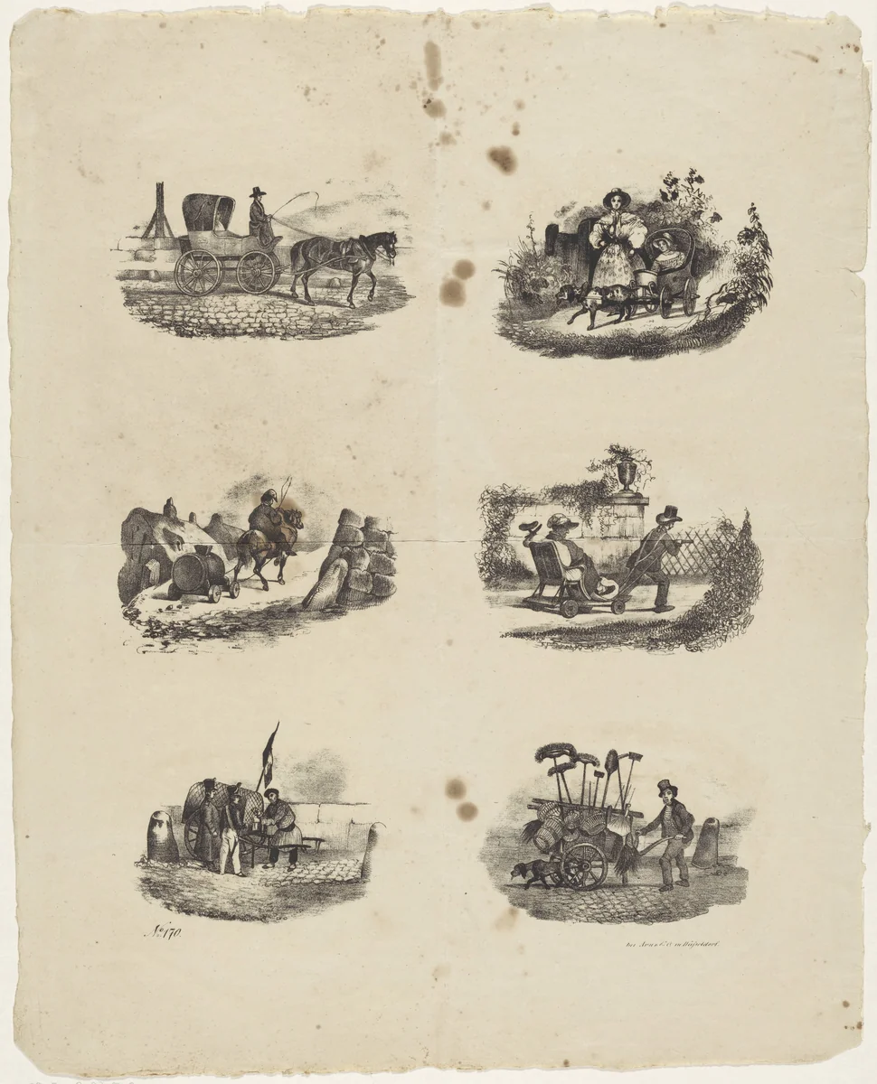 Zes voorstellingen met koets of kar by anonymous, print, 1815-1858