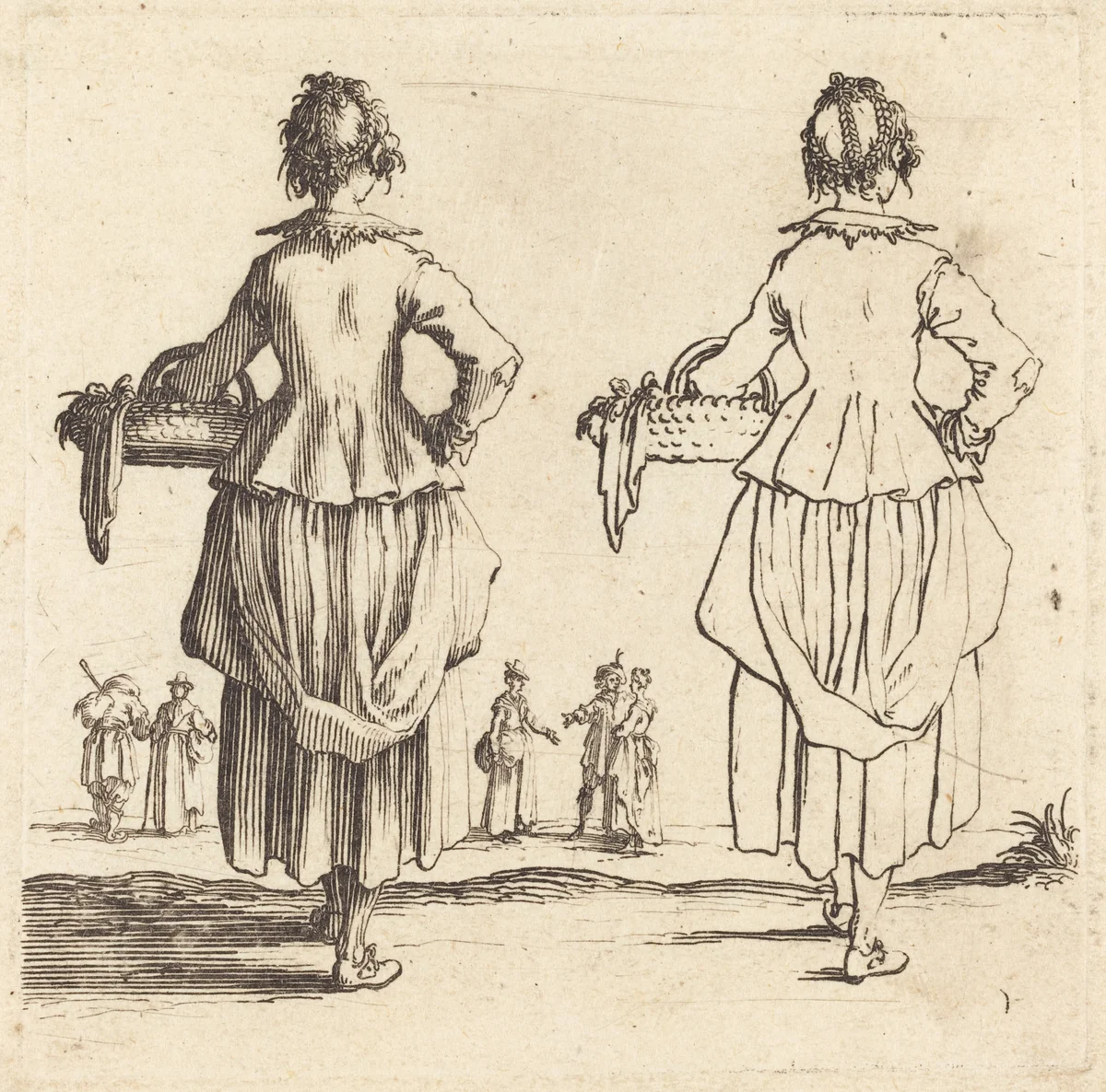 Peasant Woman with Basket, Seen from Behind by Jacques Callot, print, 1621-1624