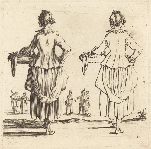 Peasant Woman with Basket, Seen from Behind by Jacques Callot, print, 1621-1624