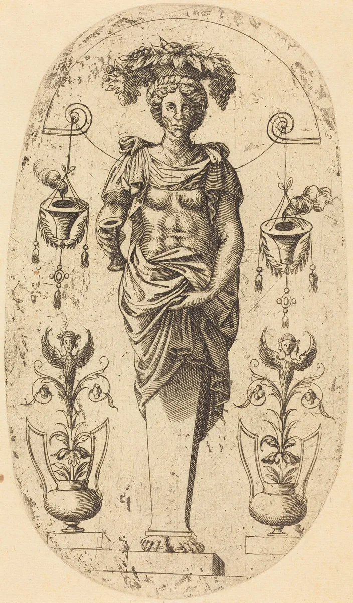 Woman Carrying a Basket on Her Head by Jean Mignon, print, 1523-1603