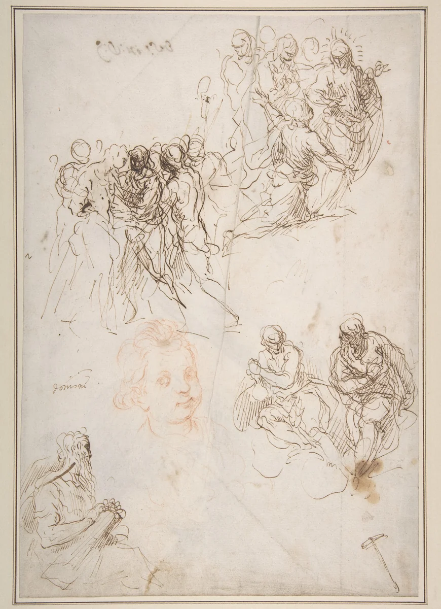 Figure Studies: The Arrest of Christ?, Christ and the Canaanite Woman, Seated Male Figures, and Head of a Child (recto); Studies of an Arm, and of the Heads of an Old Man and Young Woman (verso) by Jacopo Palma, drawing, 1548-1628