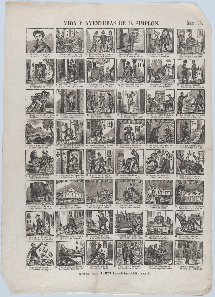 Broadside with 48 scenes depicting the life and adventures of Don Simplon by Juan Llorens, print, 1855-1865