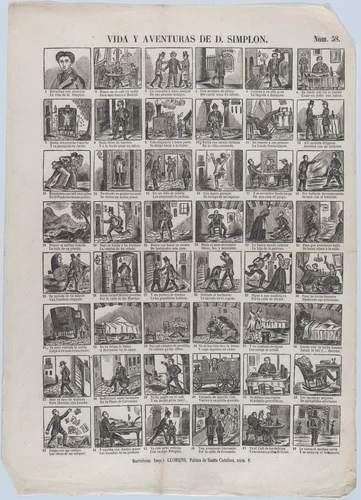 Broadside with 48 scenes depicting the life and adventures of Don Simplon by Juan Llorens, print, 1855-1865