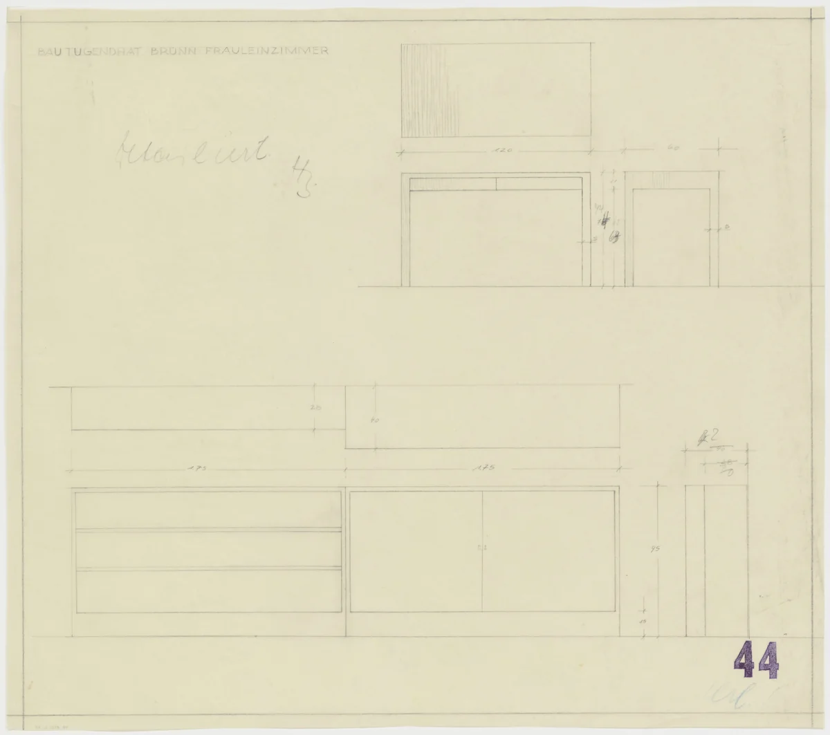 Tugendhat House, Brno, Czech Republic (Governess's room. Table and chest. Front and side elevations.) by Ludwig Mies van der Rohe, mies van der rohe archive, 1928
