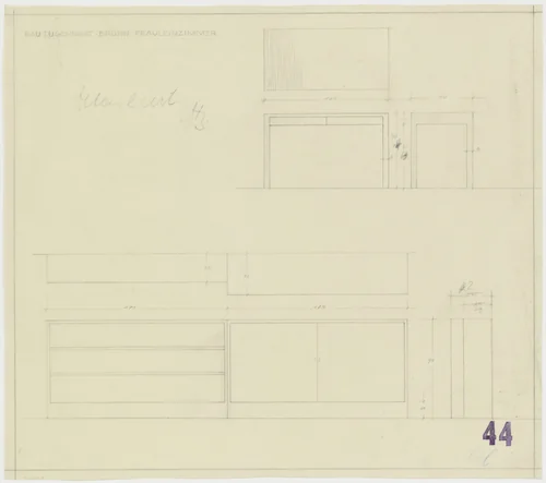 Tugendhat House, Brno, Czech Republic (Governess's room. Table and chest. Front and side elevations.) by Ludwig Mies van der Rohe, mies van der rohe archive, 1928