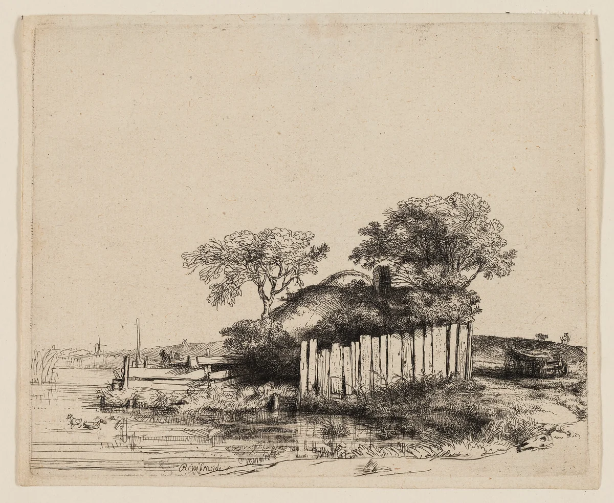 A Cottage with White Paling by Rembrandt van Rijn, print, 1648