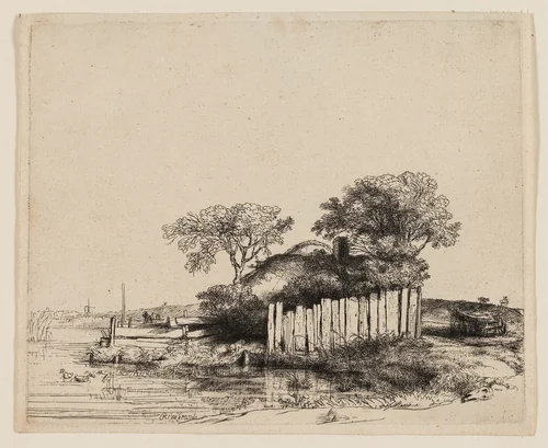 A Cottage with White Paling by Rembrandt van Rijn, print, 1648