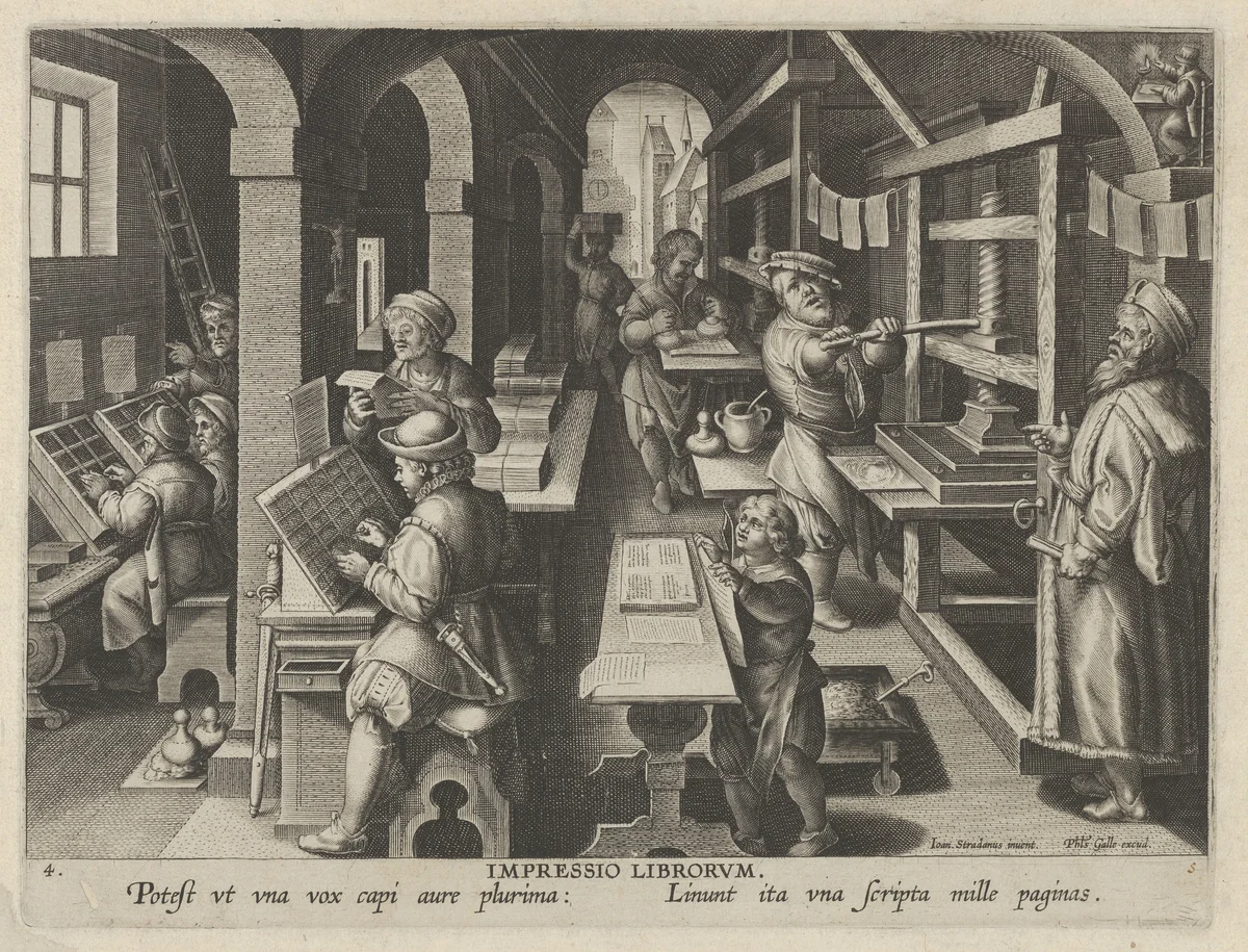 New Inventions of Modern Times [Nova Reperta], The Invention of Book Printing, plate 4 by Jan Collaert, print, 1595-1605