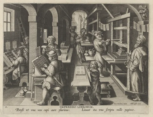 New Inventions of Modern Times [Nova Reperta], The Invention of Book Printing, plate 4 by Jan Collaert, print, 1595-1605